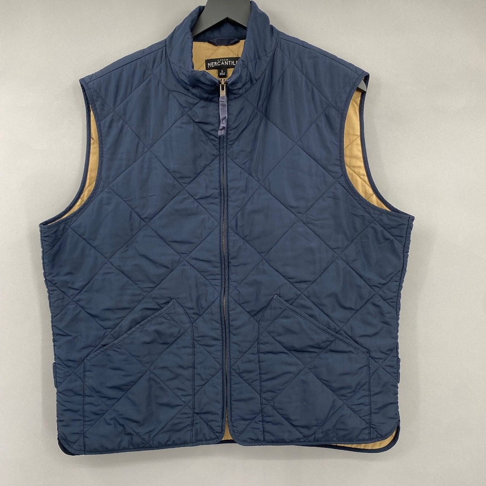 J. Crew Mercantile Mens Quilted Vest Navy‎ Blue Full Zip size Large Gorpcore